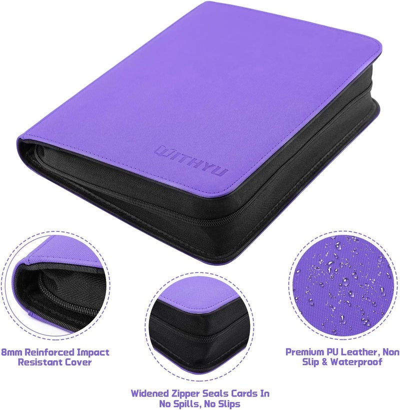 WITHYU Top Loader Binder 4 Pocket, PU Leather Card Binder Top Loader with 128 Pockets, Ringless Card Holder Trading Card Binder Toploader Album for TCG MTG Sports (Purple) - Image 5